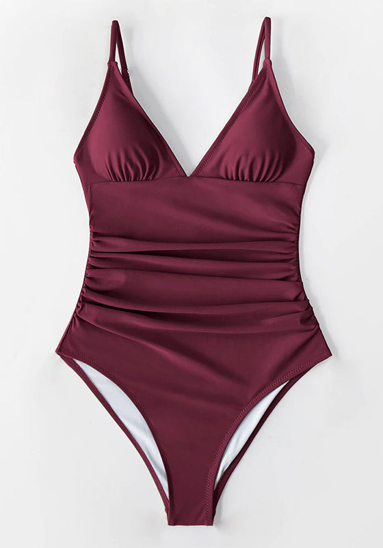 Solid Burgundy Shirring One-piece