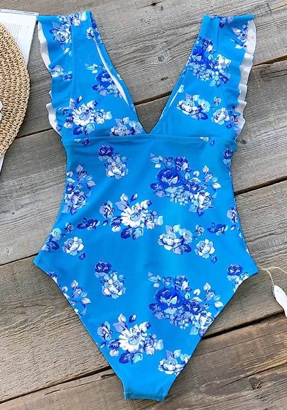 Elegant Blue Floral Print One-Piece