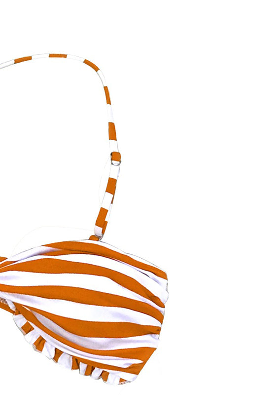 Orange Striped And Floral High-waisted Bikini Set