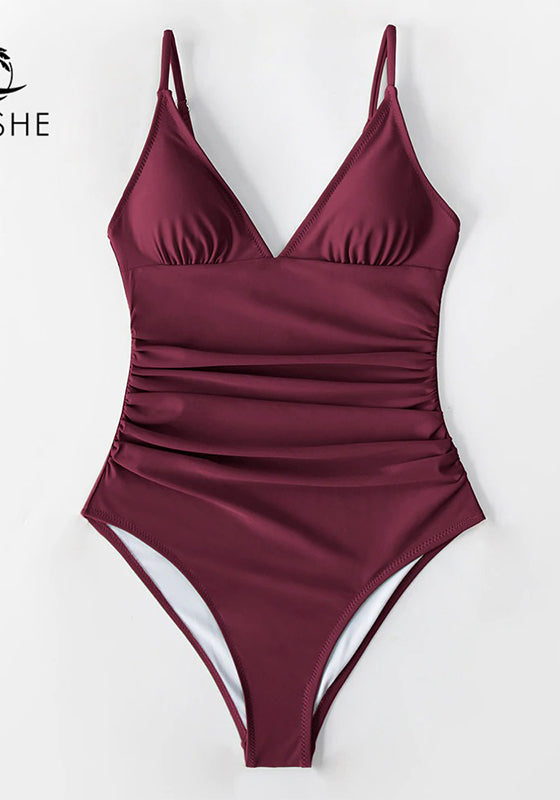 Solid Burgundy Shirring One-piece