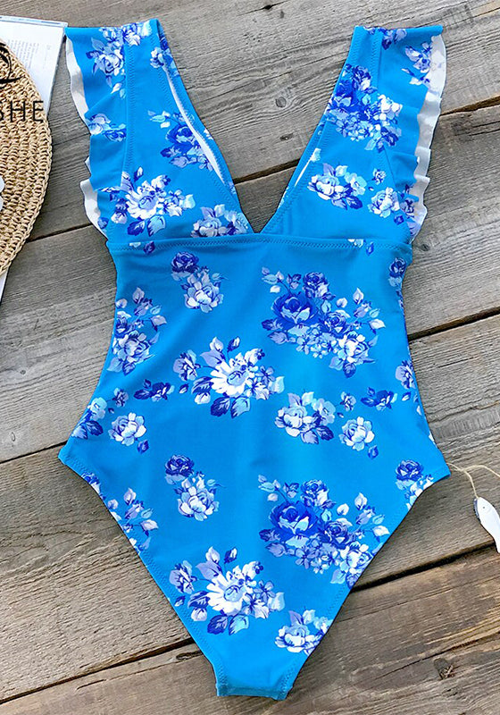 Elegant Blue Floral Print One-Piece