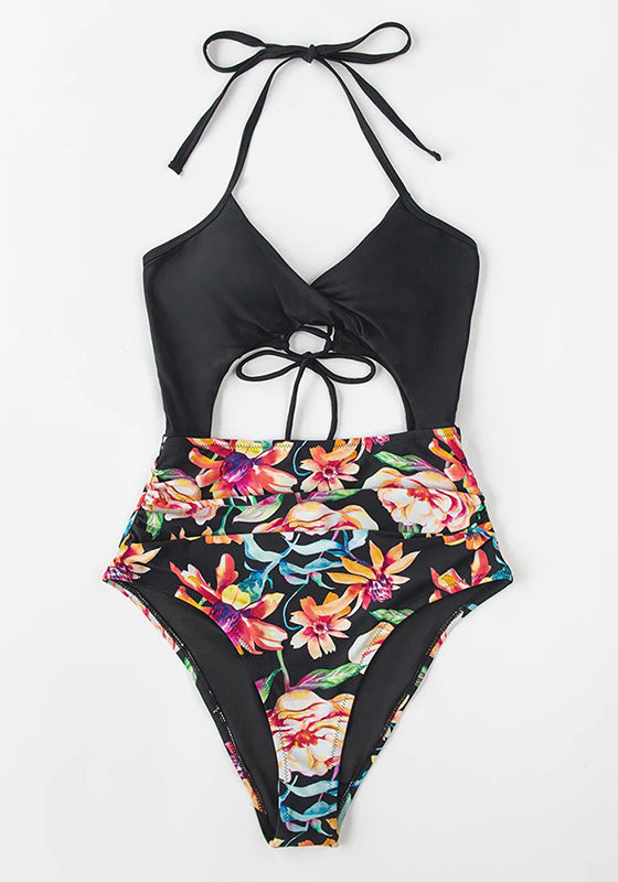 Sexy Black Floral Print Halter One-Piece