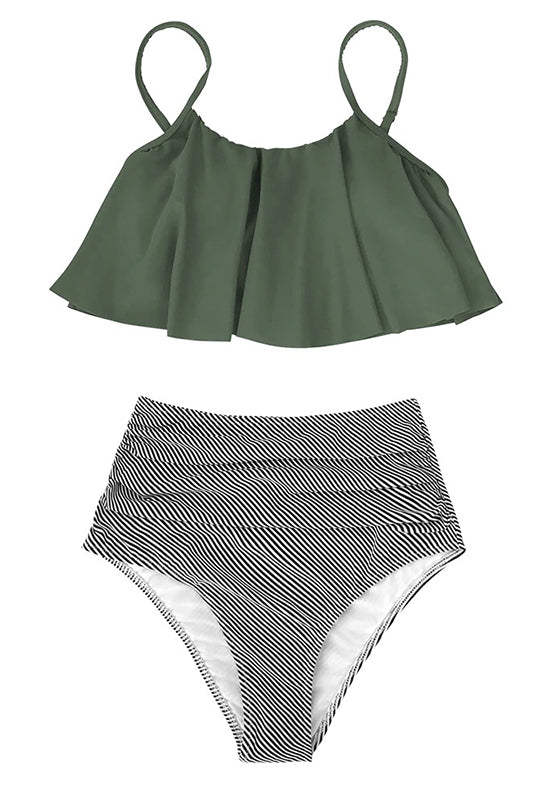 Olive Stripe Falbala High Waisted Bikini Set