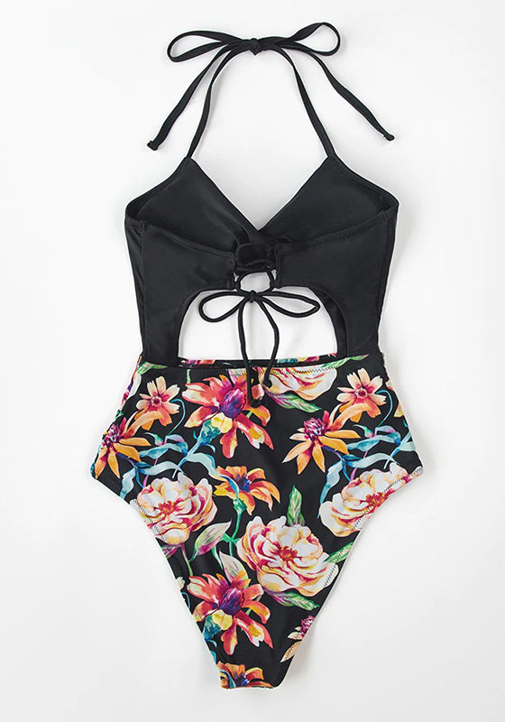 Sexy Black Floral Print Halter One-Piece