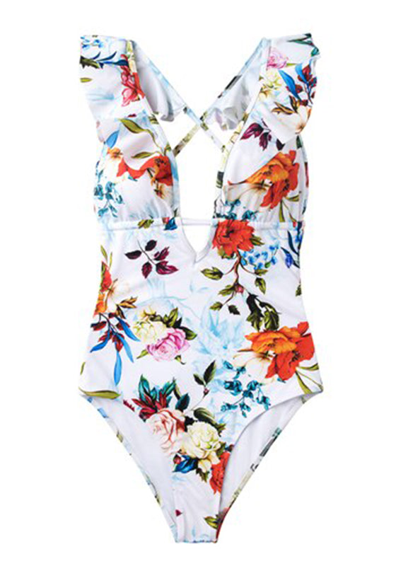 Floral Print Ruffled Deep V-neck One-Piece