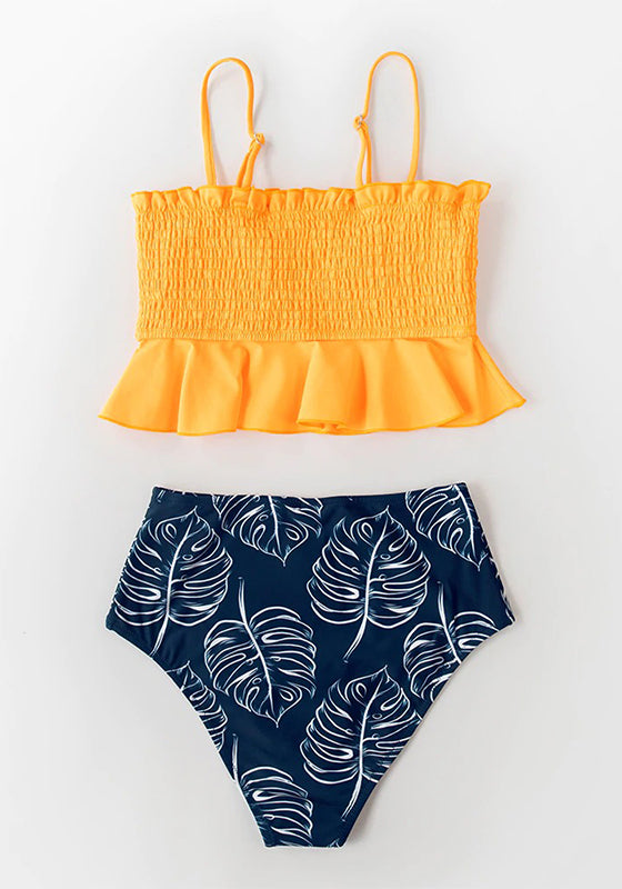 Smocked Orange Monstera High-Waist Bikini Set