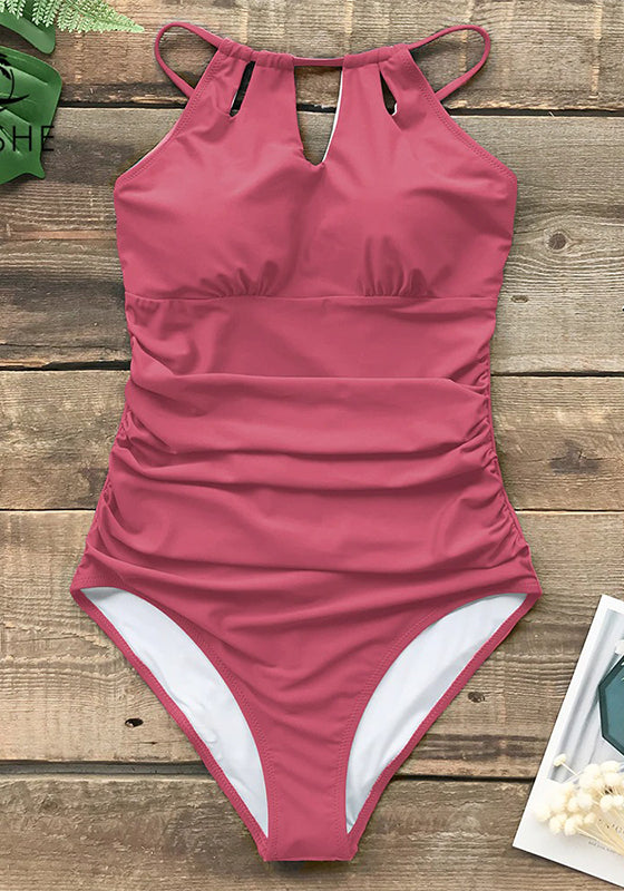 Solid Rose Red Lace Up Back One-Piece