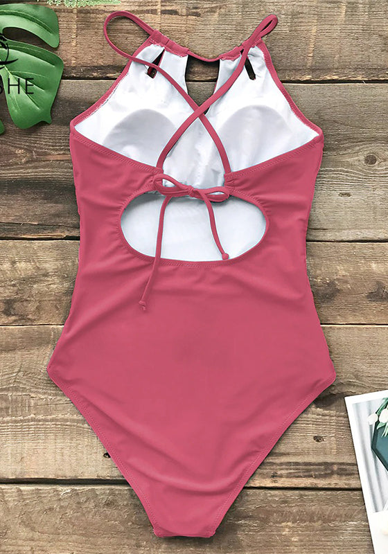 Solid Rose Red Lace Up Back One-Piece