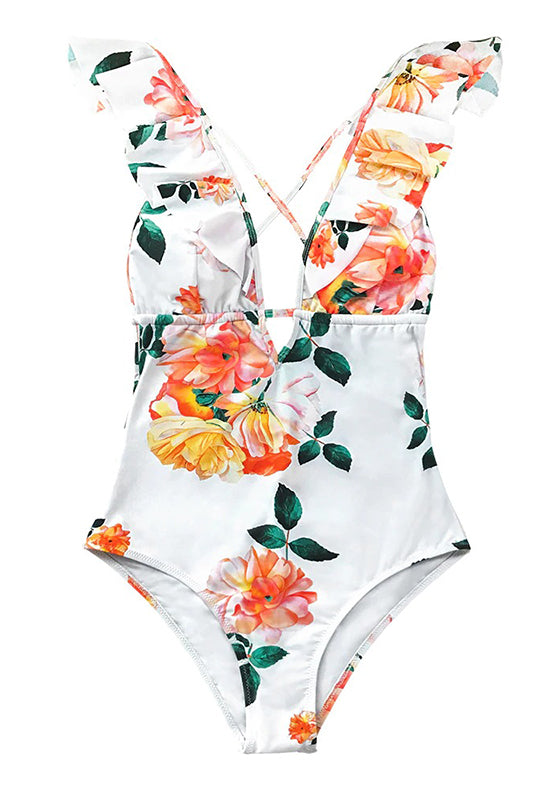 Floral Print Ruffled Deep V-neck One-Piece