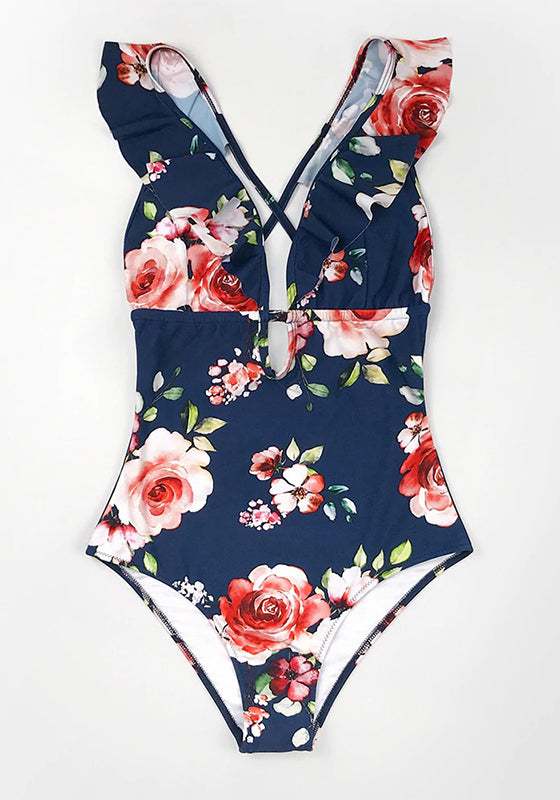 Floral Print Ruffled Deep V-neck One-Piece