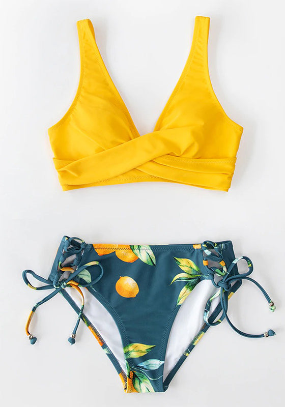 Yellow And Lemon Print Mid-Waist Bikini Set