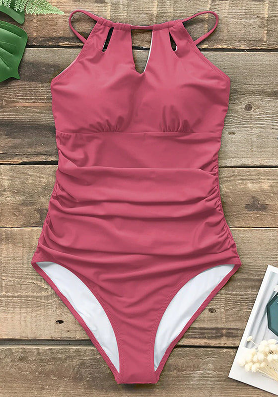 Solid Rose Red Lace Up Back One-Piece