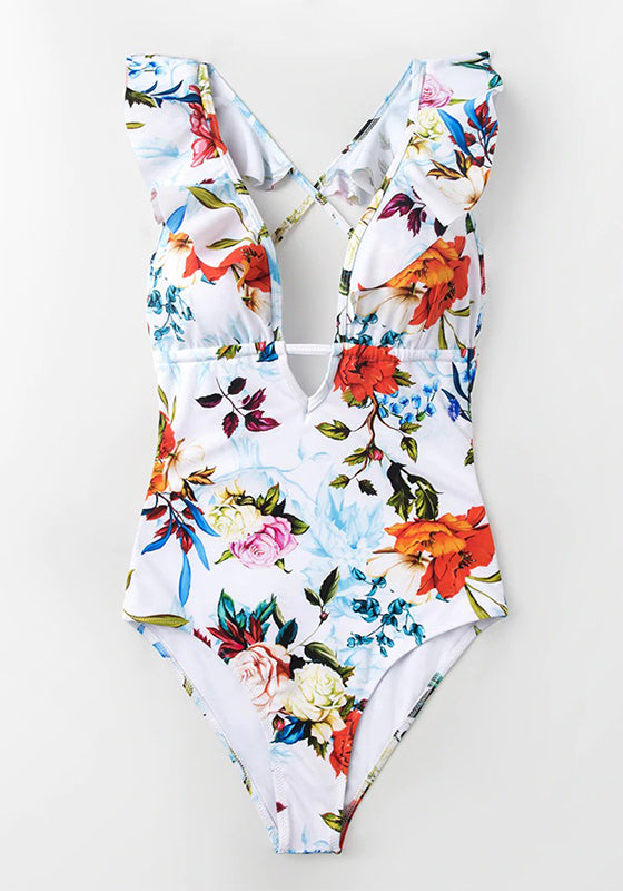 Floral Print Ruffled Deep V-neck One-Piece