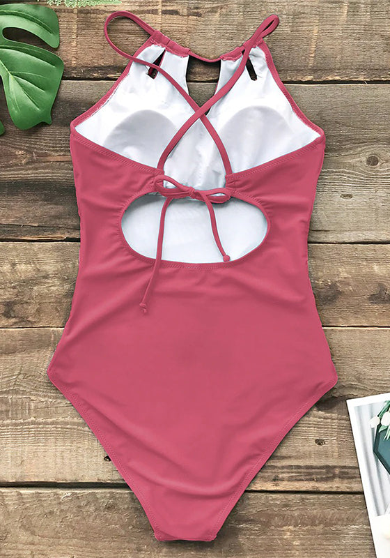 Solid Rose Red Lace Up Back One-Piece