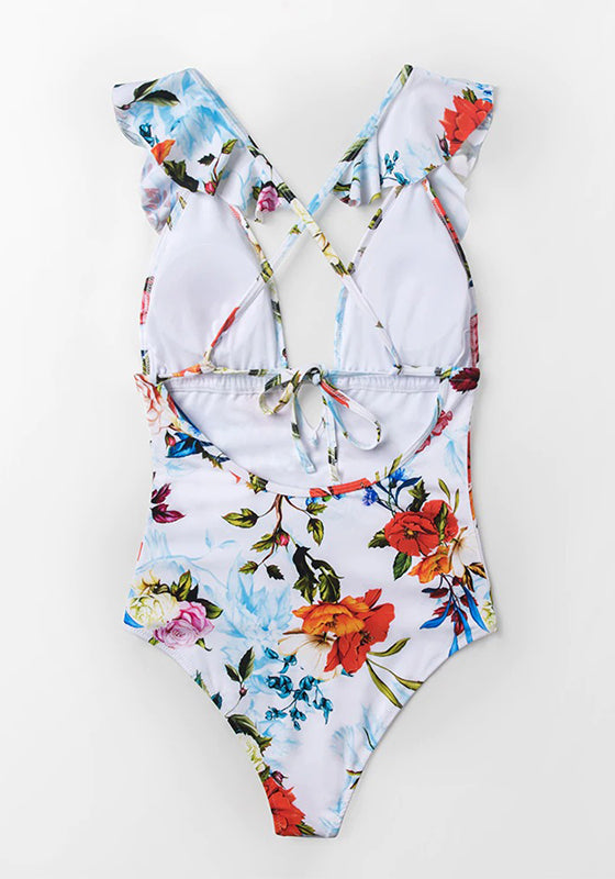 Floral Print Ruffled Deep V-neck One-Piece