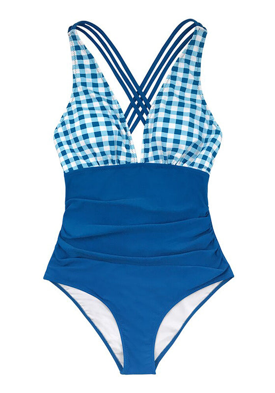 Solid Blue and Gingham V-neck One-Piece