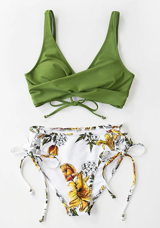 Yellow And Lemon Print Mid-Waist Bikini Set