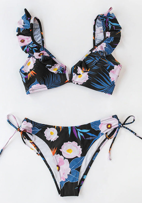 Black Floral Ruffled V-neck Bikini Set