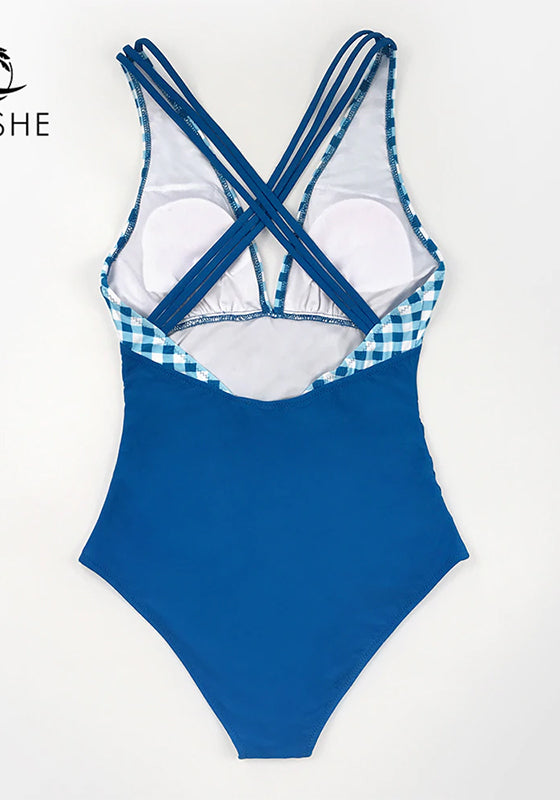 Solid Blue and Gingham V-neck One-Piece