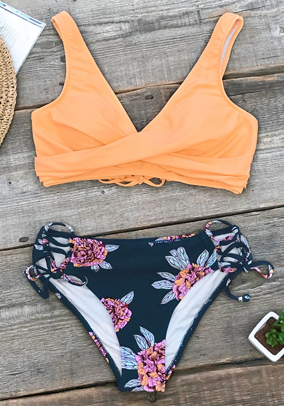 Yellow And Lemon Print Mid-Waist Bikini Set