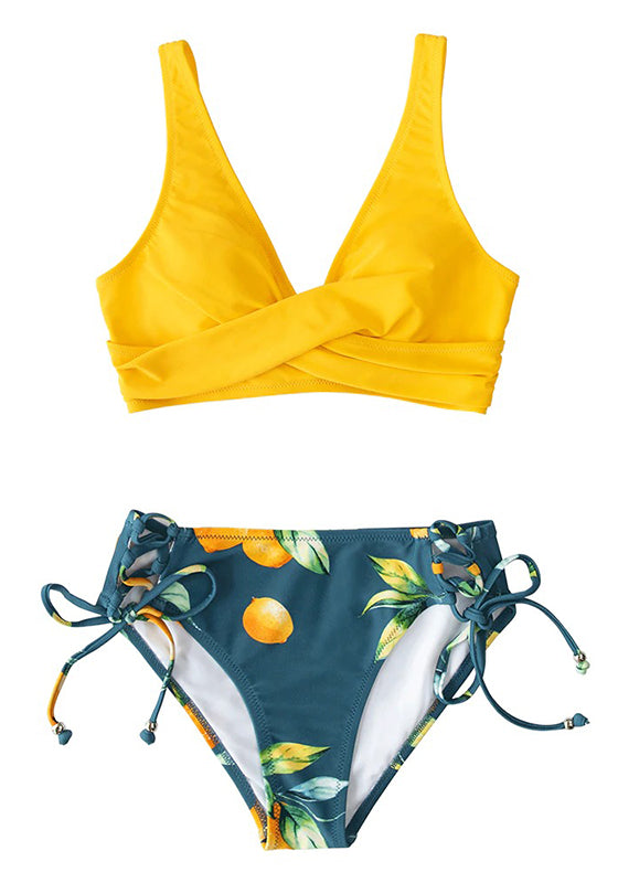 Yellow And Lemon Print Mid-Waist Bikini Set