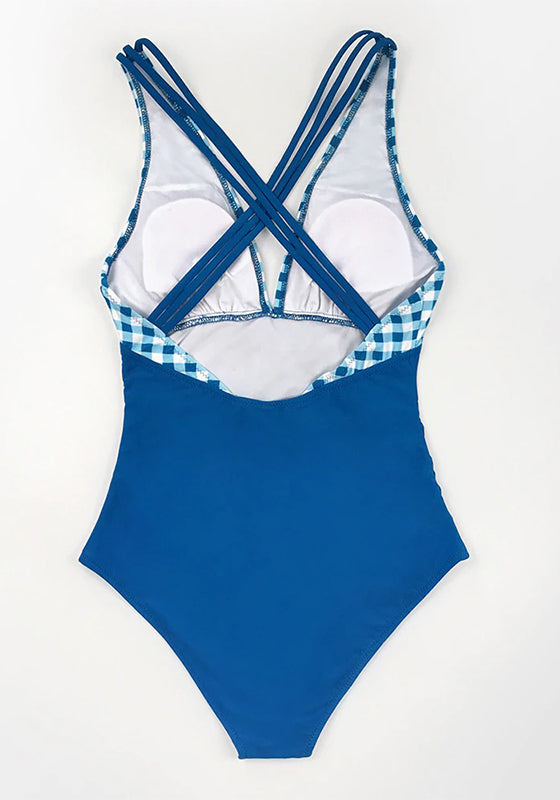 Solid Blue and Gingham V-neck One-Piece