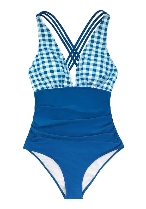 Solid Blue and Gingham V-neck One-Piece