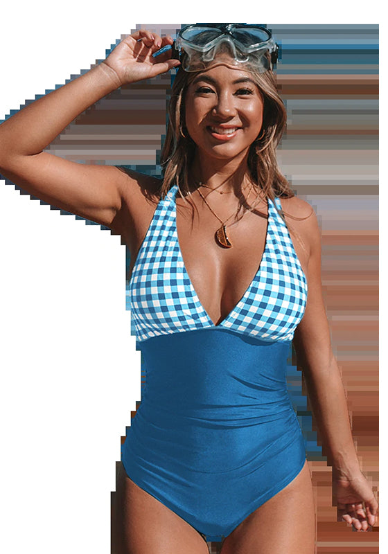 Solid Blue and Gingham V-neck One-Piece