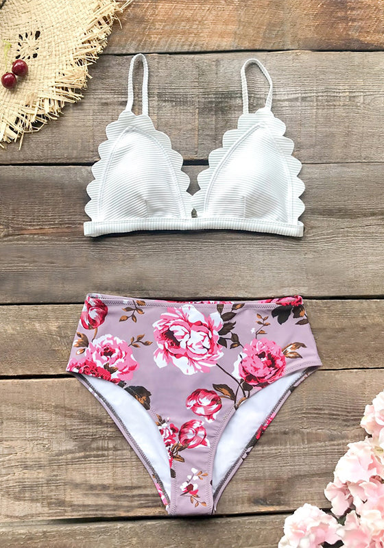 White and Pink Floral Scalloped High-waist Bikini