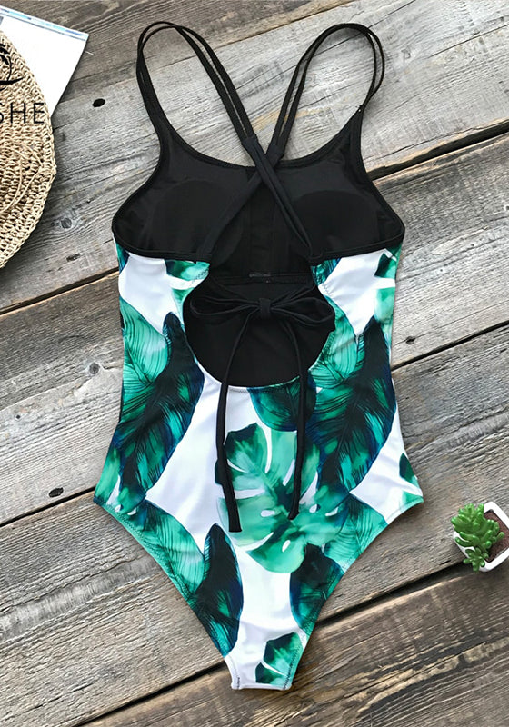 Green Leaf Print Cross One-piece