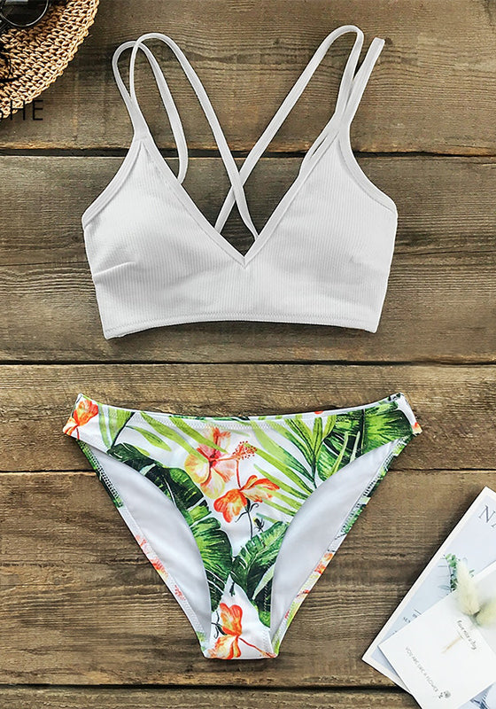 White and Green Leaf Print Low-waist Bikini Set