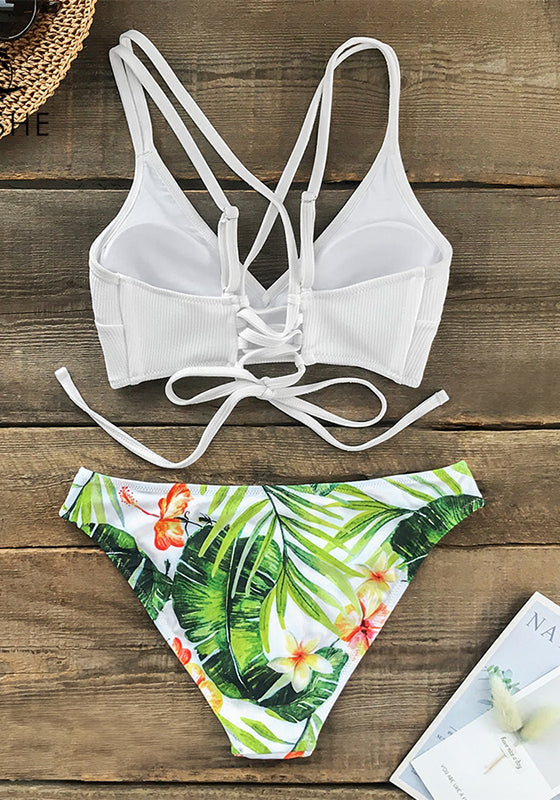 White and Green Leaf Print Low-waist Bikini Set