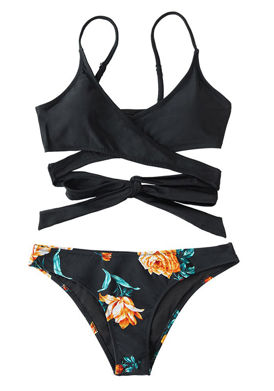 Black Floral Lace Up Low-Waist Bikini Set