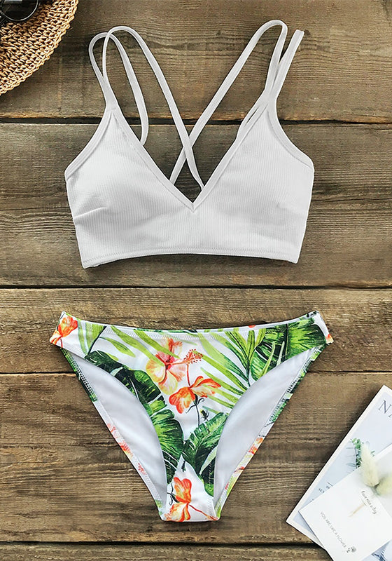 White and Green Leaf Print Low-waist Bikini Set