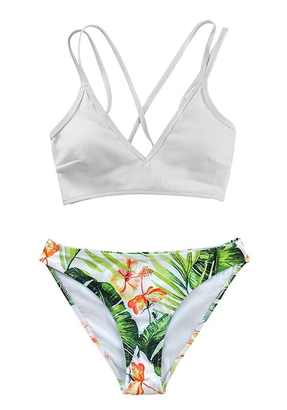 White and Green Leaf Print Low-waist Bikini Set