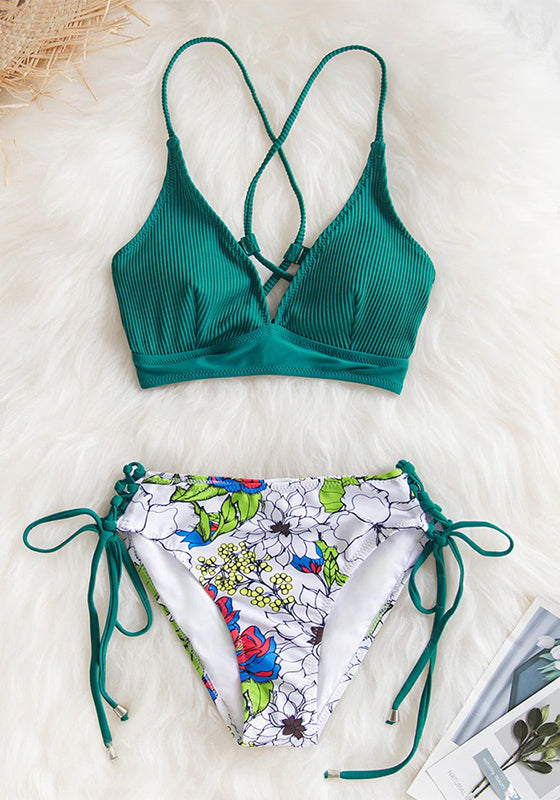 Sexy Green And Floral Lace-Up Bikini Set