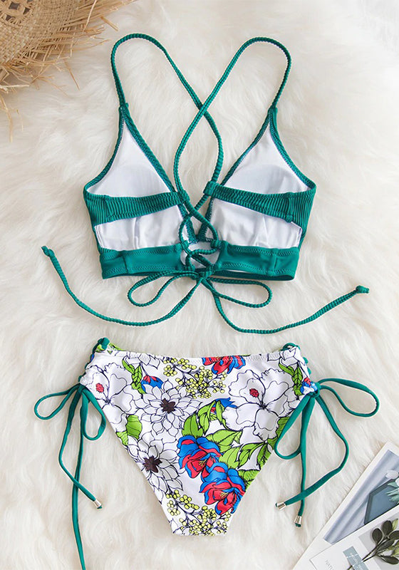 Sexy Green And Floral Lace-Up Bikini Set