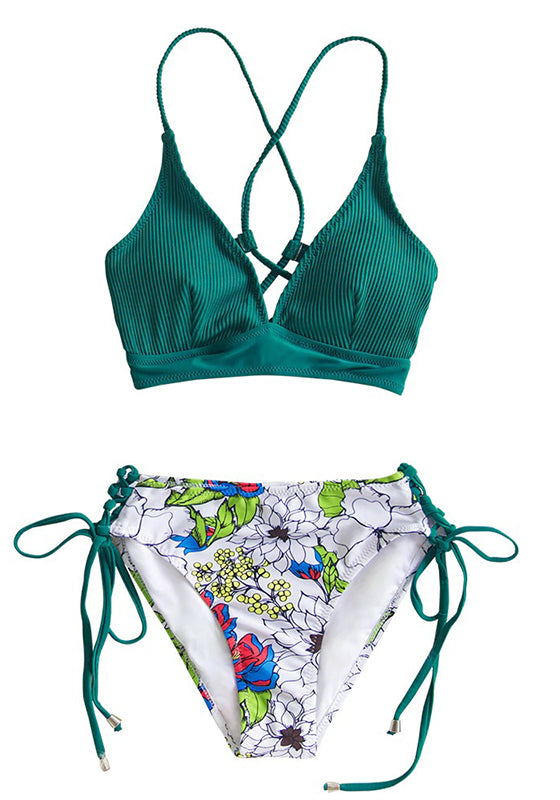 Sexy Green And Floral Lace-Up Bikini Set