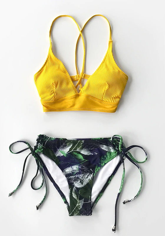 Sexy Green And Floral Lace-Up Bikini Set