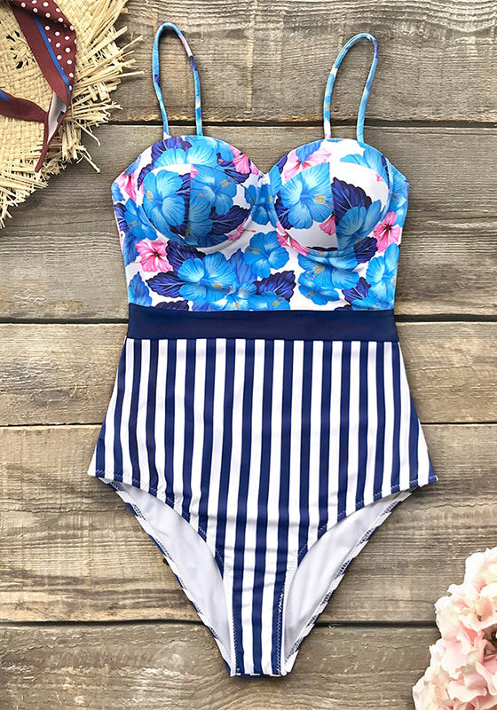 Sexy Blue Hibiscus Floral And Stripe One-Piece