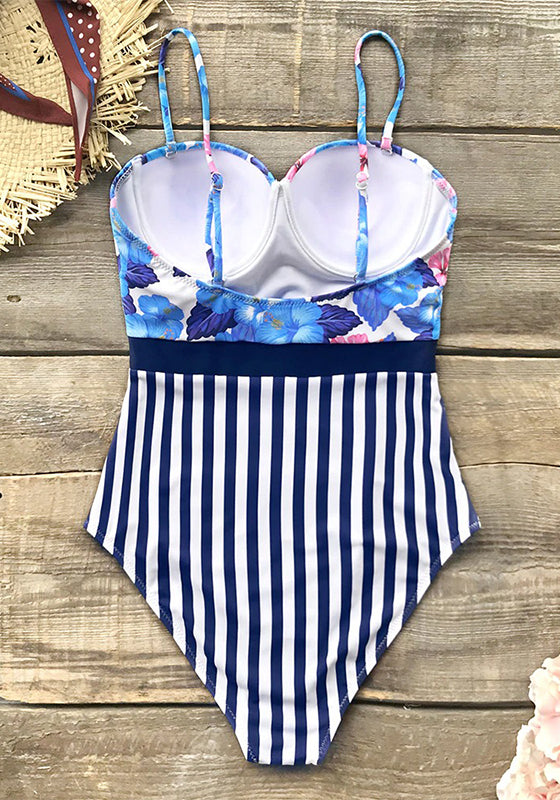 Sexy Blue Hibiscus Floral And Stripe One-Piece