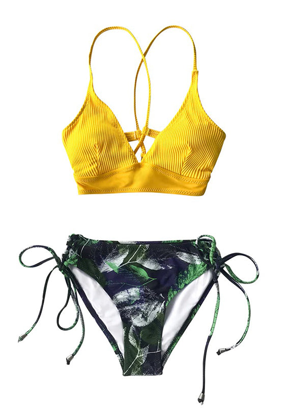 Sexy Green And Floral Lace-Up Bikini Set