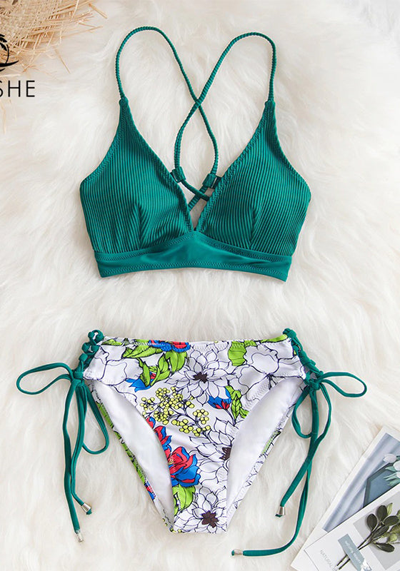 Sexy Green And Floral Lace-Up Bikini Set