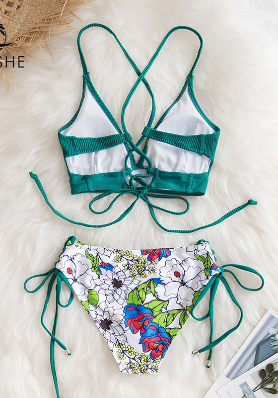 Sexy Green And Floral Lace-Up Bikini Set