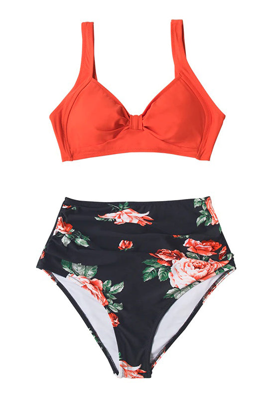 Red Tank and Black Floral High-waist Bikini Set