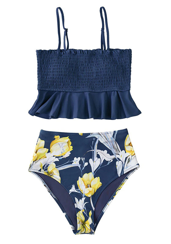 Smocked Blue Leaves Print Bikini Set