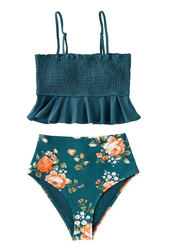 Smocked Blue Leaves Print Bikini Set