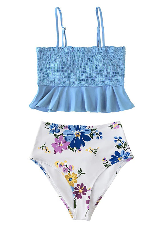 Smocked Blue Leaves Print Bikini Set