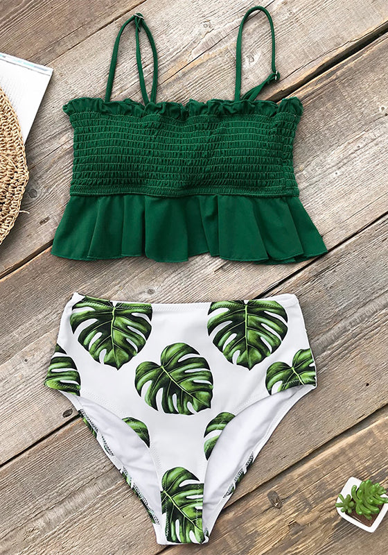 Smocked Blue Leaves Print Bikini Set