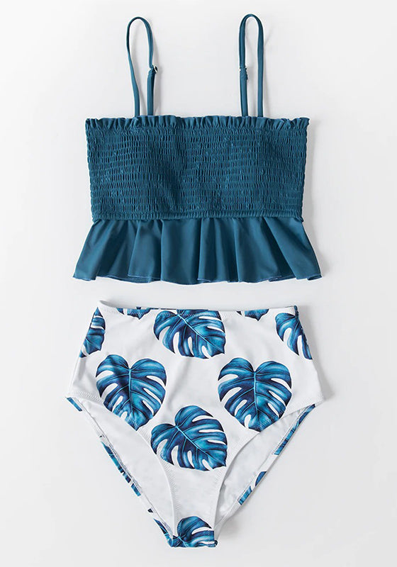 Smocked Blue Leaves Print Bikini Set